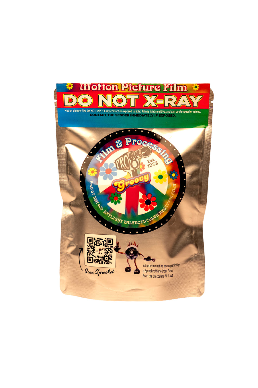 Gold packaging with colorful label for motion picture film on a white background